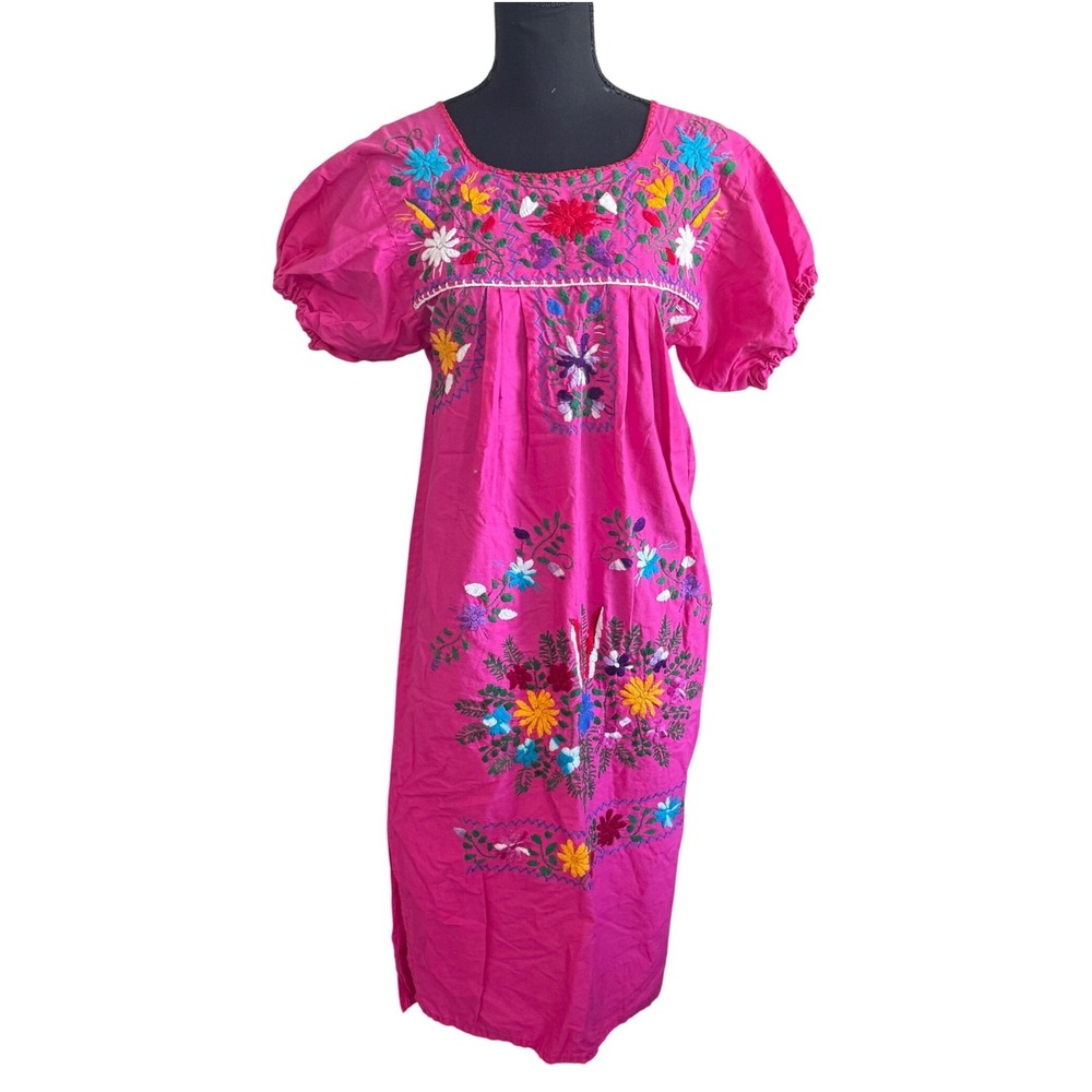 Womens Embroidered Floral Midi Dress Hot Pink M Boho Festival Mexican Ethnic